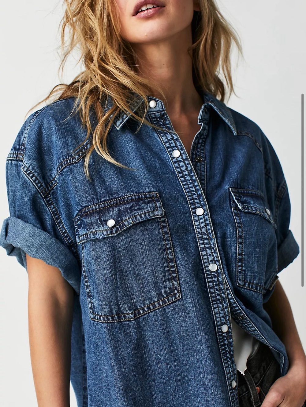 We The Free The Short Of It Denim Top Oversized Western Tunic Shirt M - Picture 4 of 14